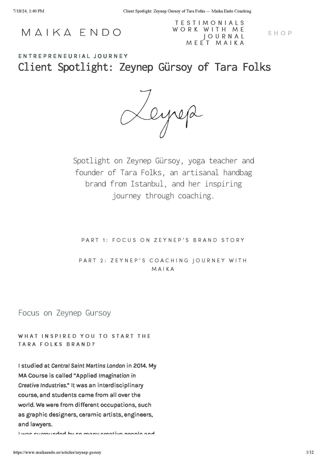 Maika Endo Client Spotlight: Zeynep Gürsoy of Tara Folks / June 2024